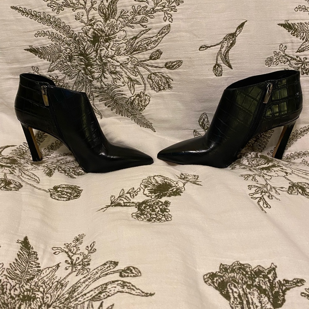 Vince Camuto Black Croc-Embossed Pointed Ankle Booties